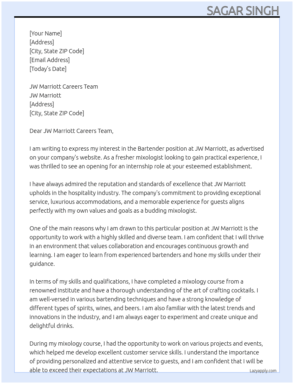 Bartender  At JW marriot  Cover Letter