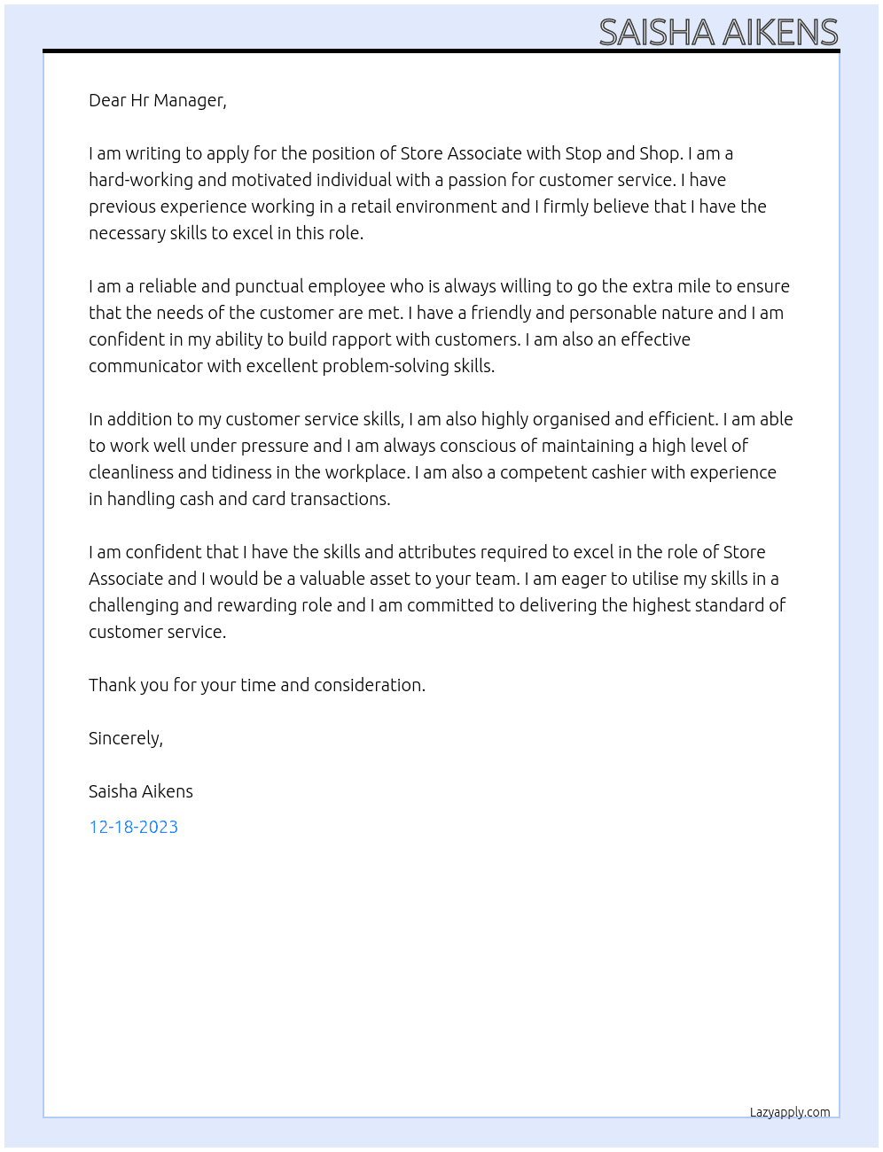 Store associate At Stop and Shop Cover Letter