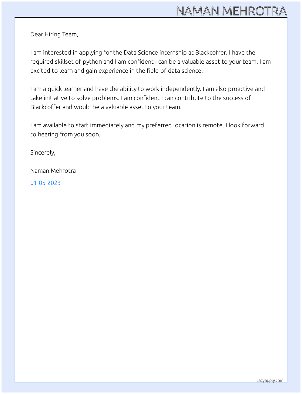 Data Science internship At Blackcoffer Cover Letter