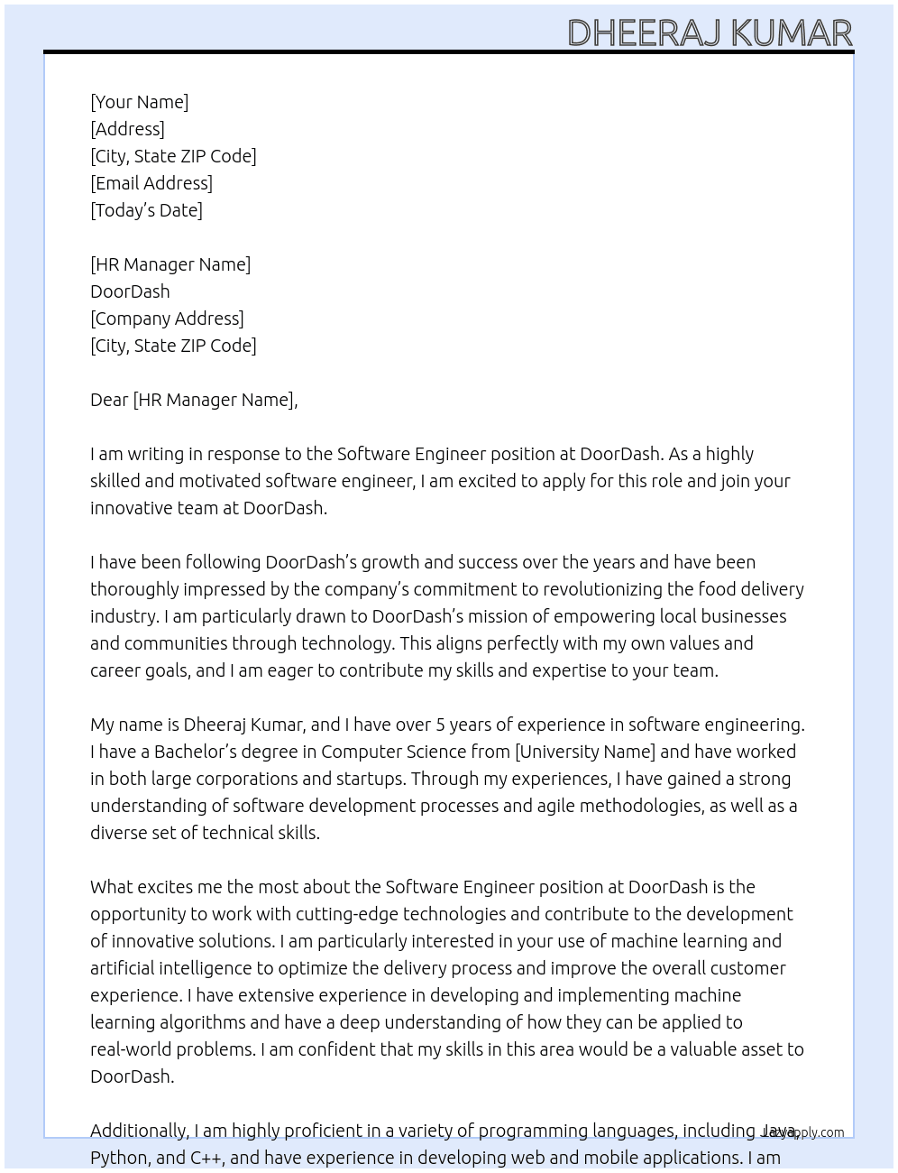 Software Engineer At DoorDash Cover Letter