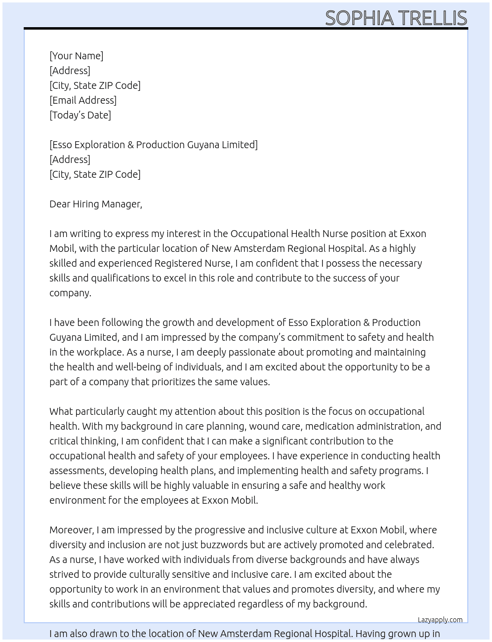 Occupational health nurse  At Exxon Mobil  Cover Letter