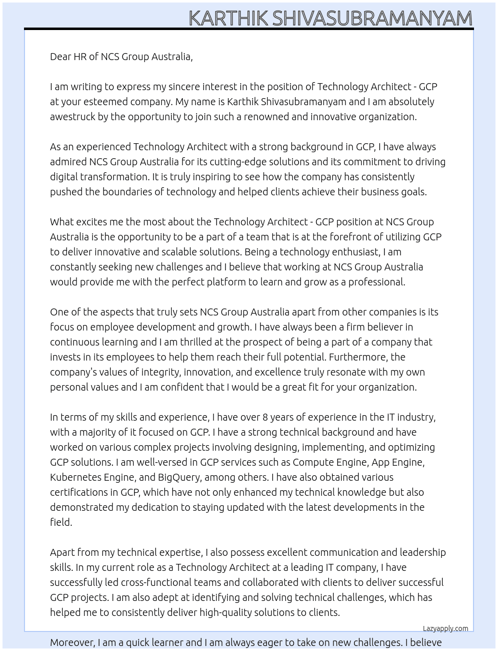 Technology Architect - GCP  At NCS Group Australia Cover Letter