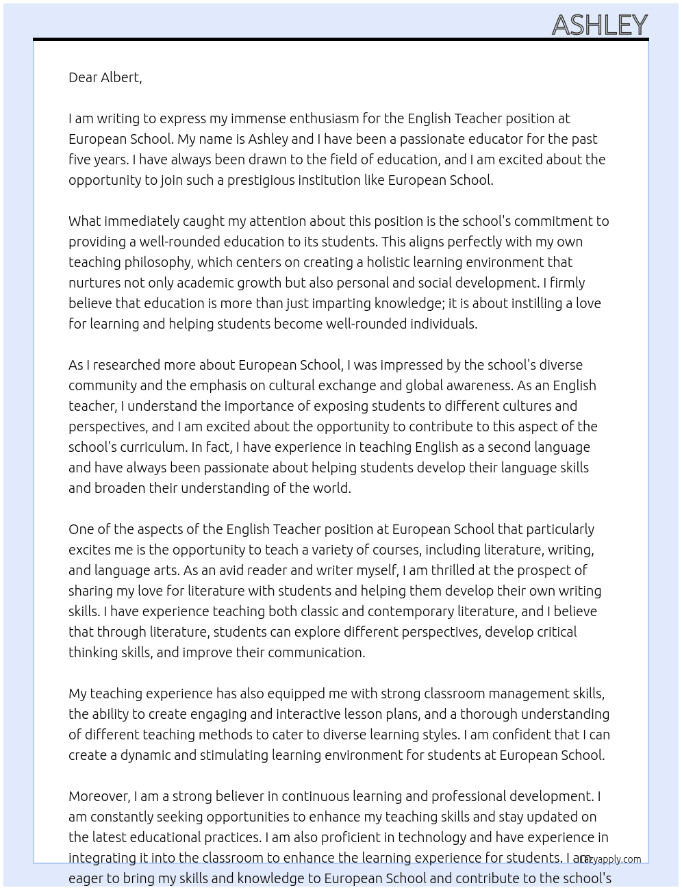 English Teacher At European School Cover Letter
