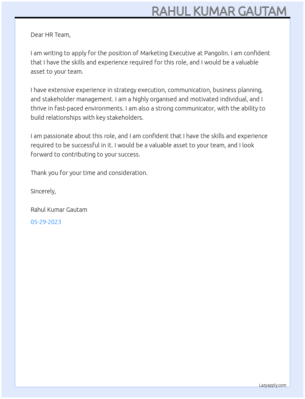Marketing Executive  At pangoln Cover Letter