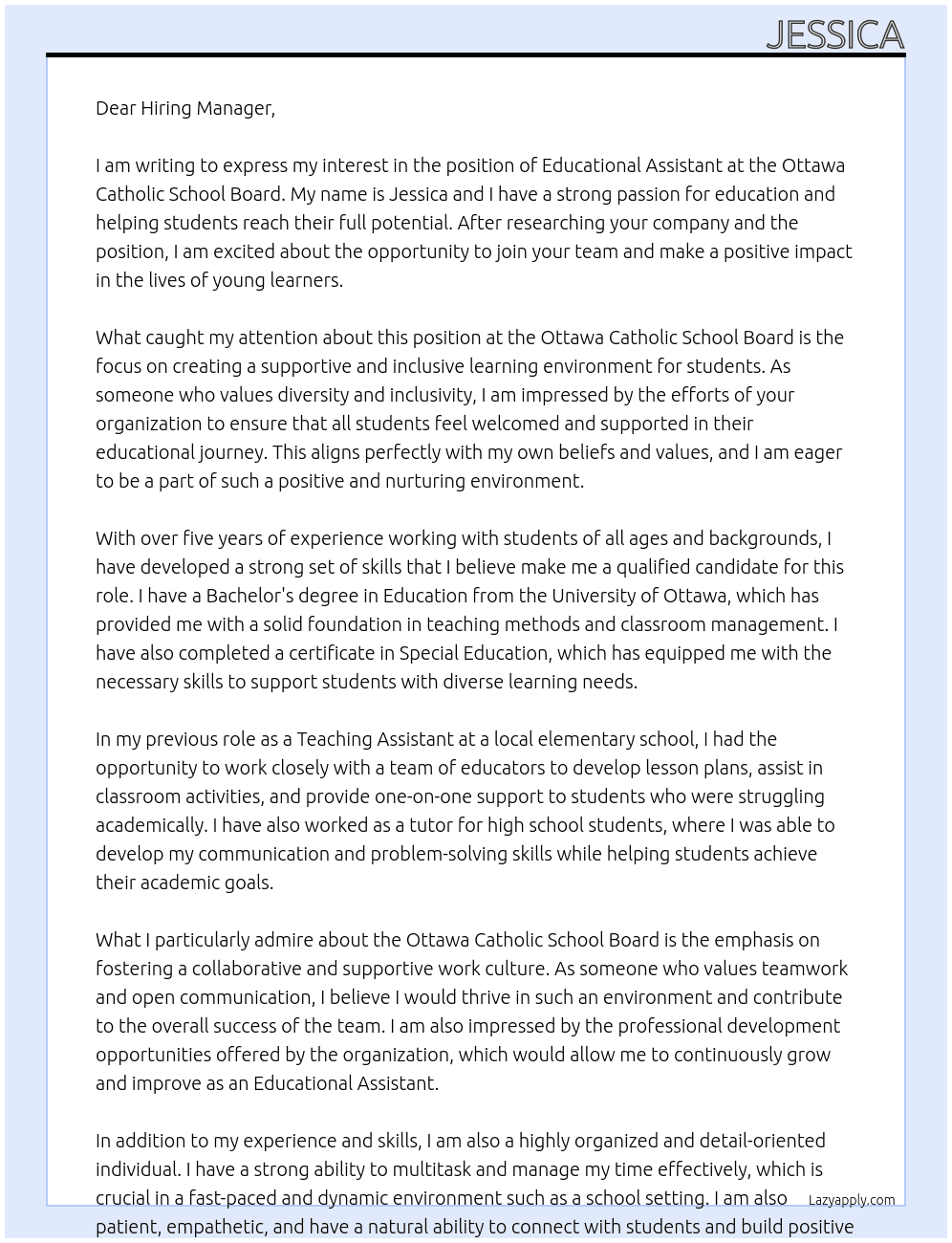 Educational Assistant At Ottawa Catholic School Board Cover Letter