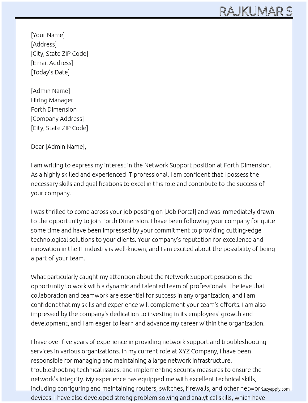 Network Support  At Forth Dimnsion Cover Letter