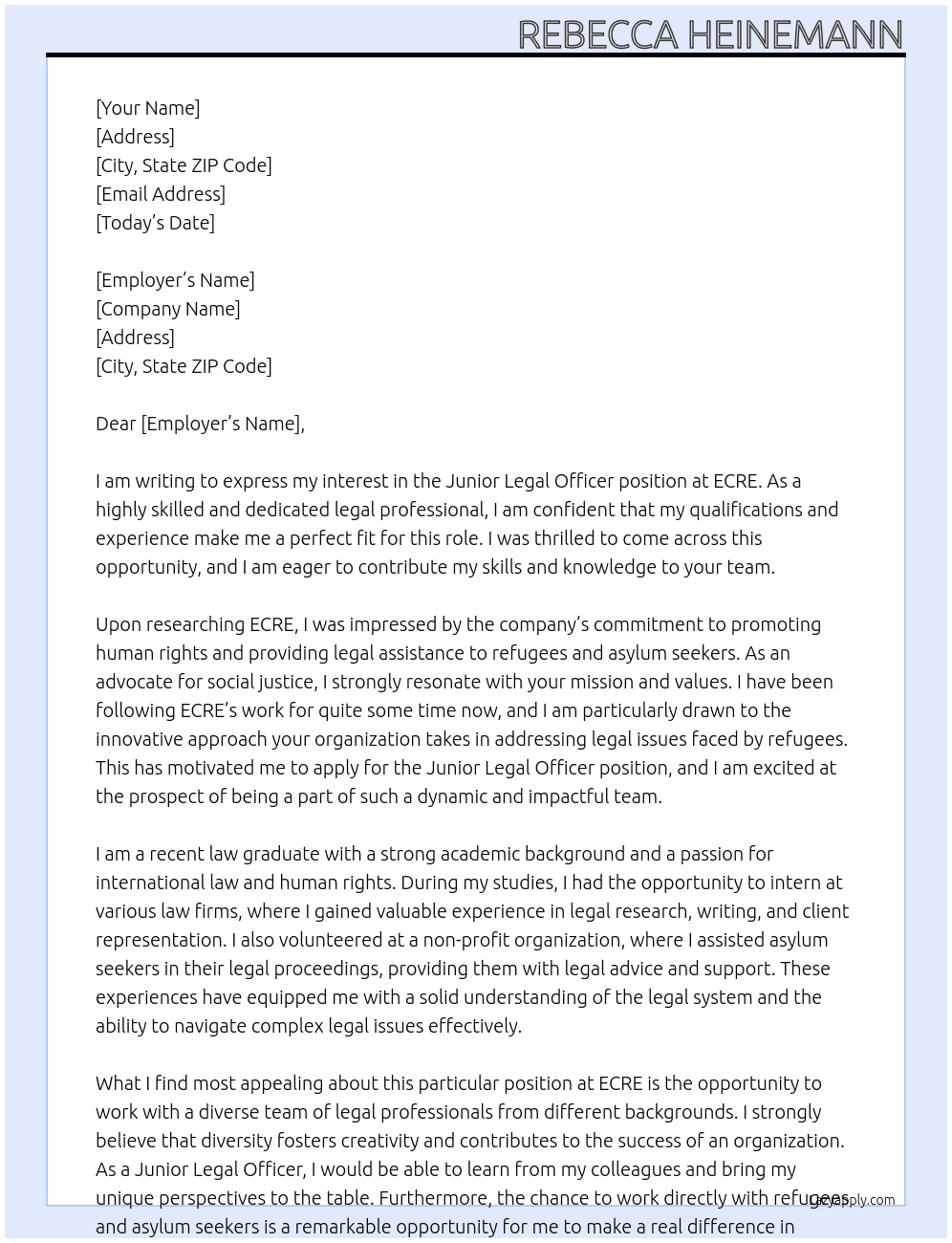 Junior Legal Officer At ECRE Cover Letter