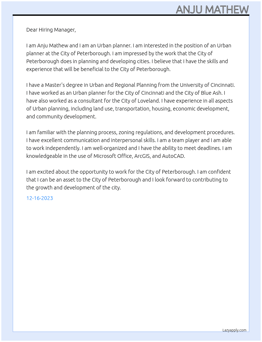 Urban planner At City of Peterborough Cover Letter