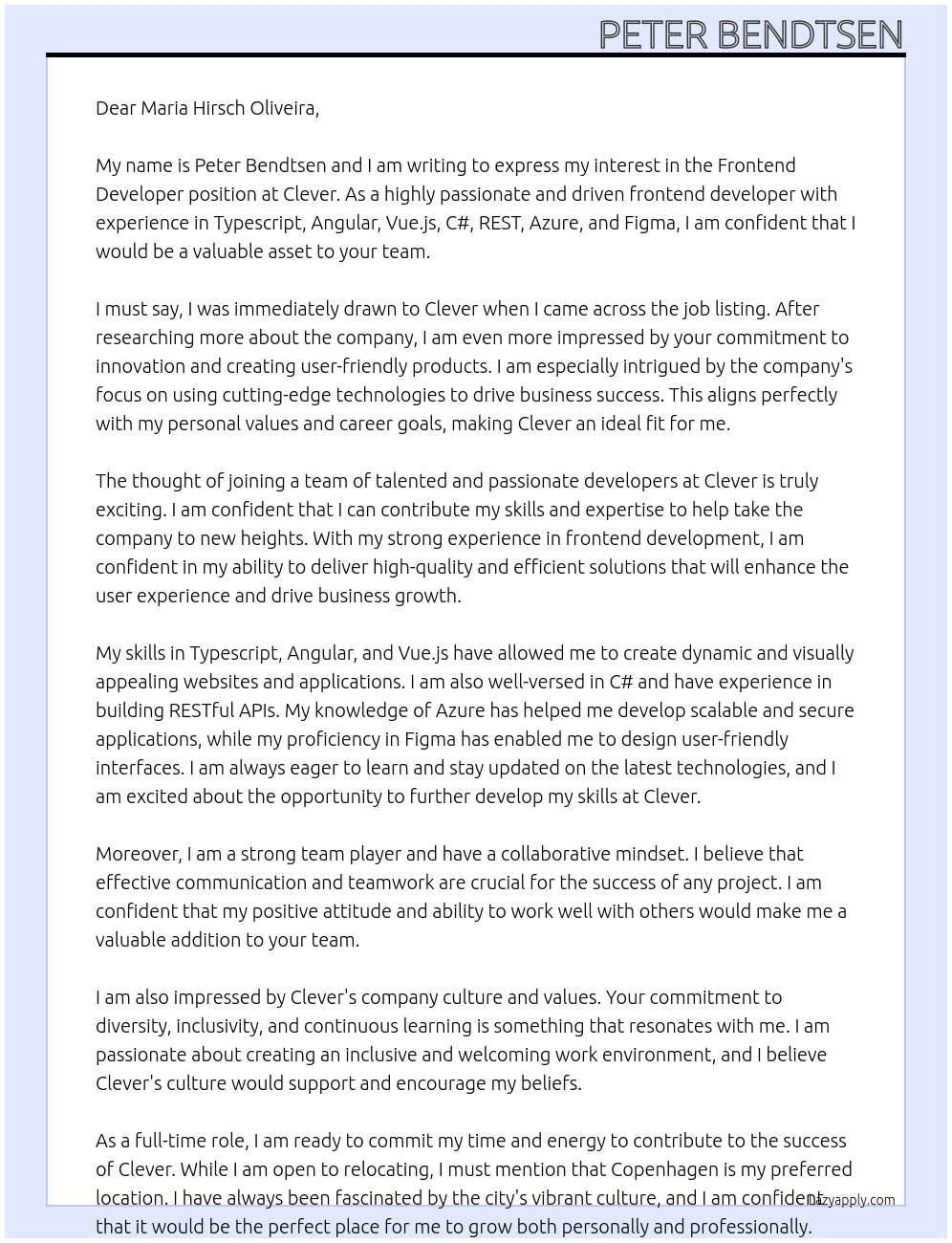 Frontend developer At Clever Cover Letter
