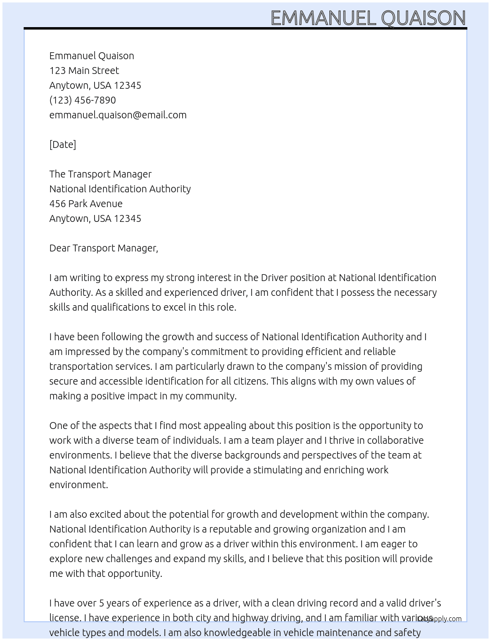 Driver At National Identification Authority Cover Letter