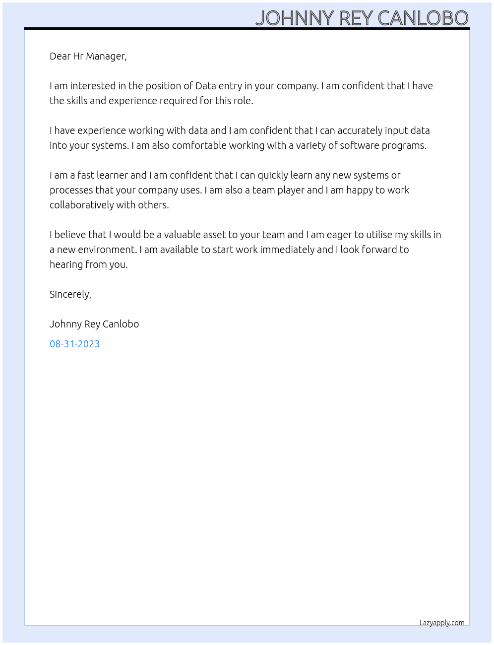 Data entry At Your Cover Letter