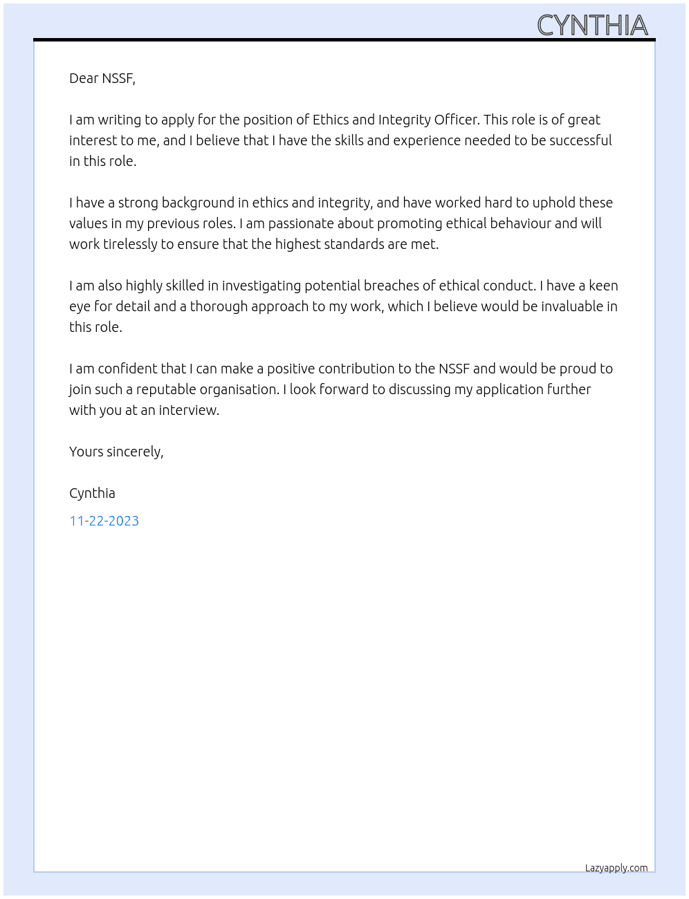 Ethics and integrity officer  At Nssf  Cover Letter