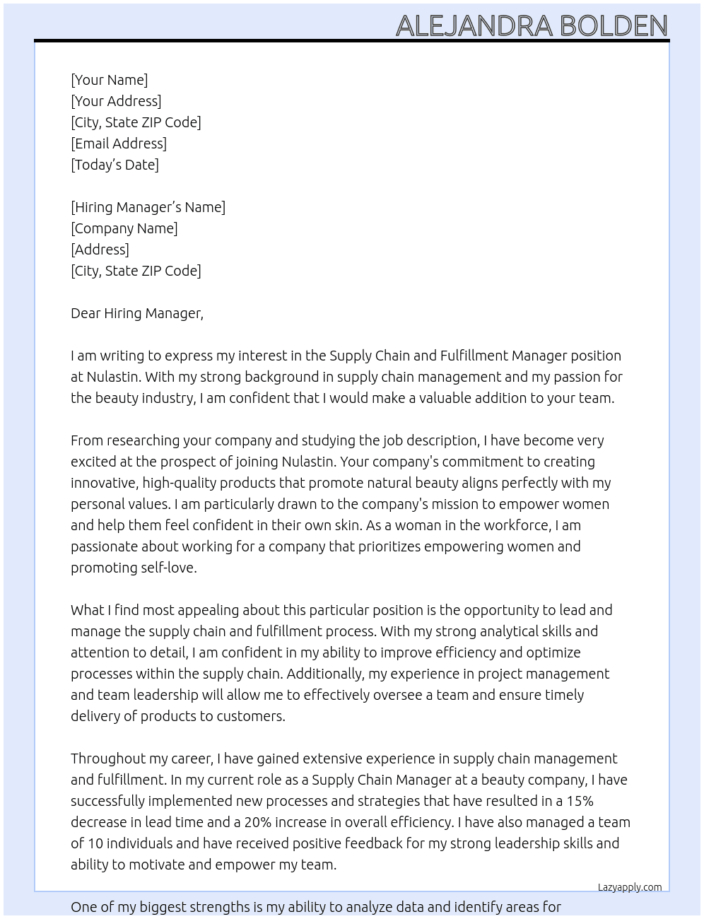 Supply Chain and Fulfillment Manager At Nulastin Cover Letter