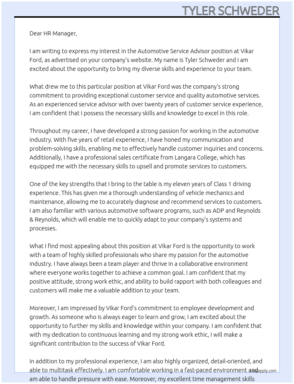 Automotive service advisor At Vikar Ford Cover Letter