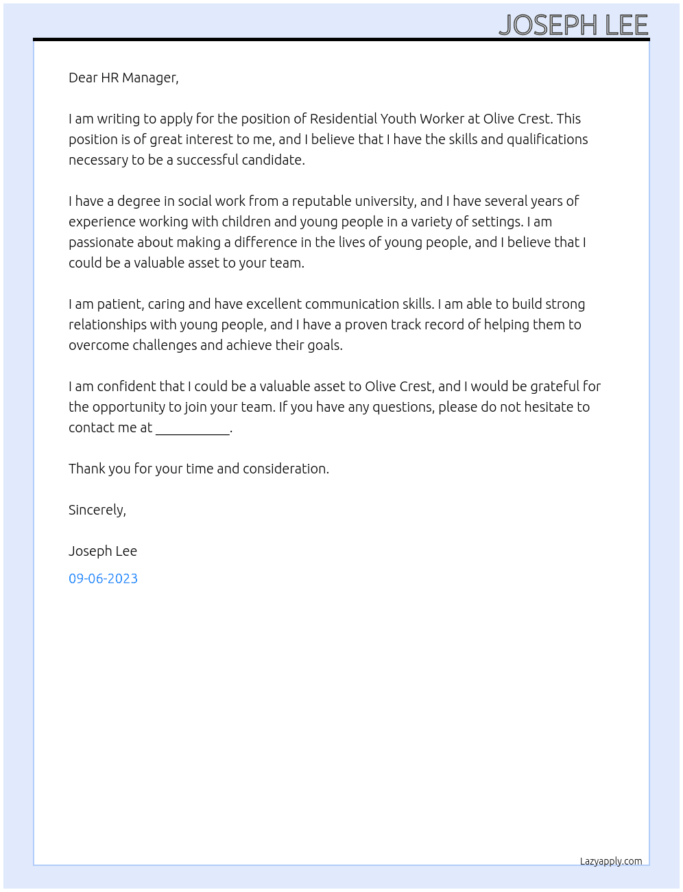 Resisdental Youth Worker At Olive Crest Cover Letter