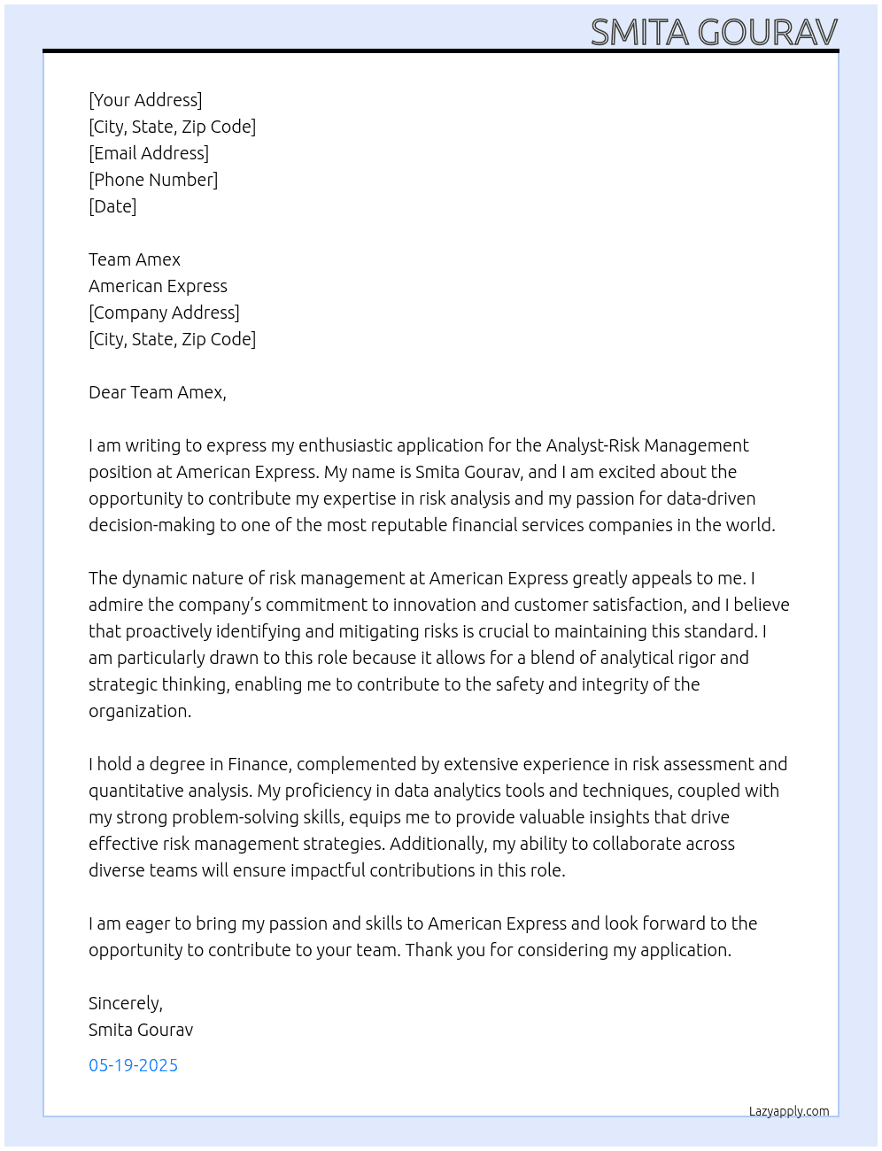 Cover letter for analyst-risk management - LazyApply
