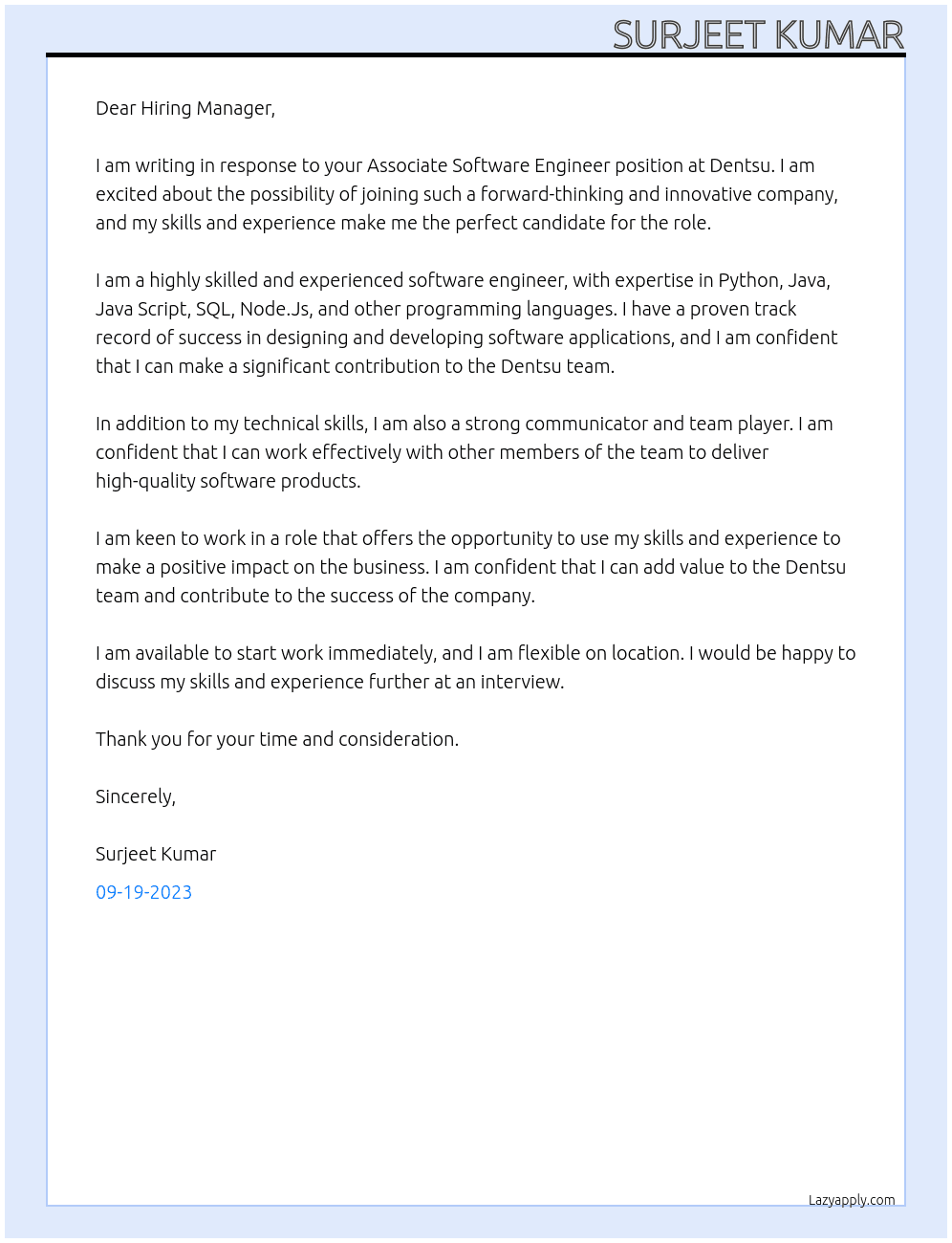 Associate Software Engineer At Dentsu  Cover Letter