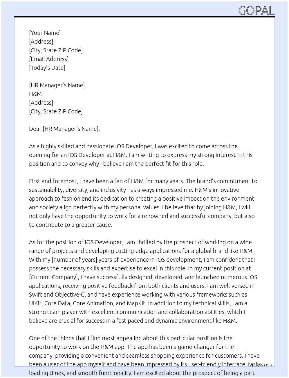 iOS Developer At H&M Cover Letter