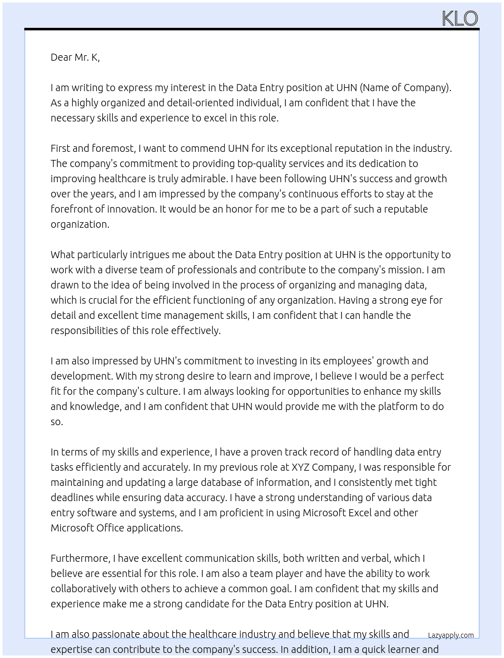 Data Entry At uhn Cover Letter
