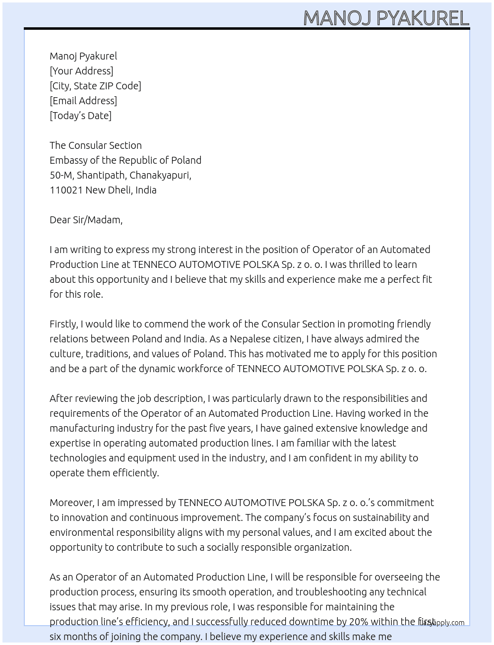 operator of an automated production line At TENNECO AUTOMOTIVE POLSKA Sp. z o. o., Cover Letter