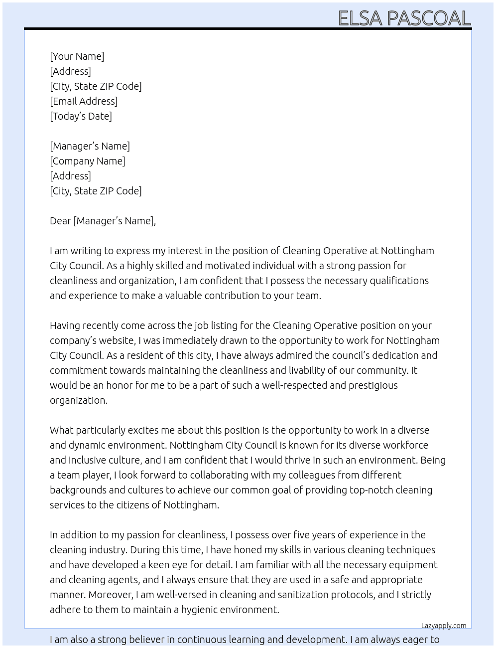 Cleaning operative At Nottingham city council  Cover Letter