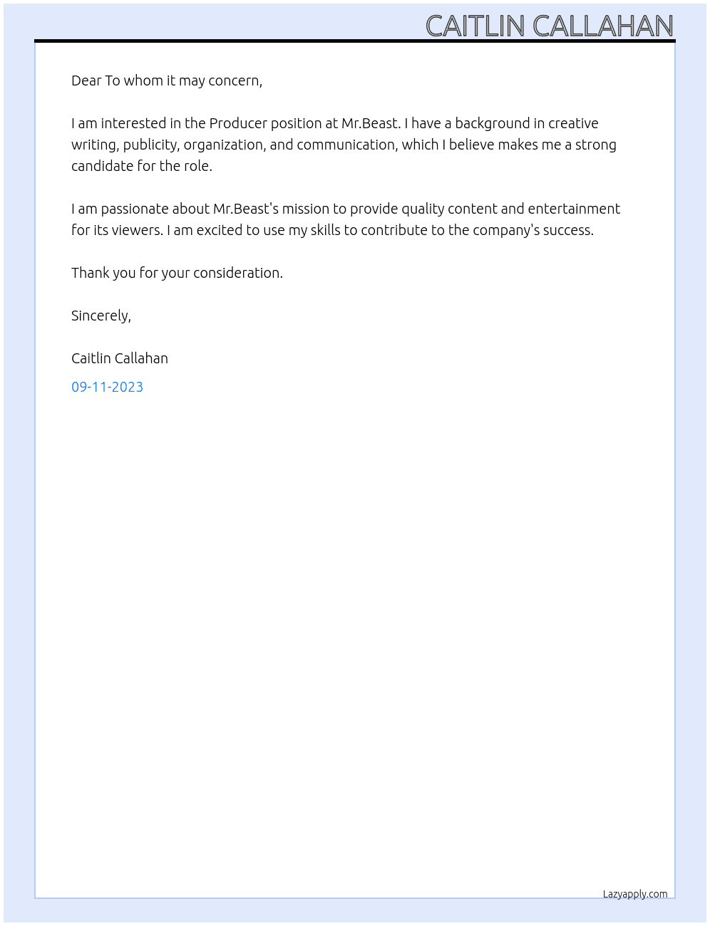 Producer  At Mr.Beast Cover Letter