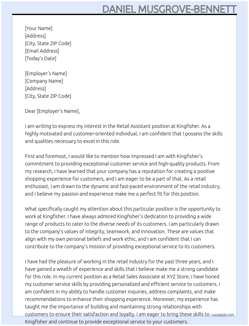 Retail Assistant At Kingfisher Cover Letter