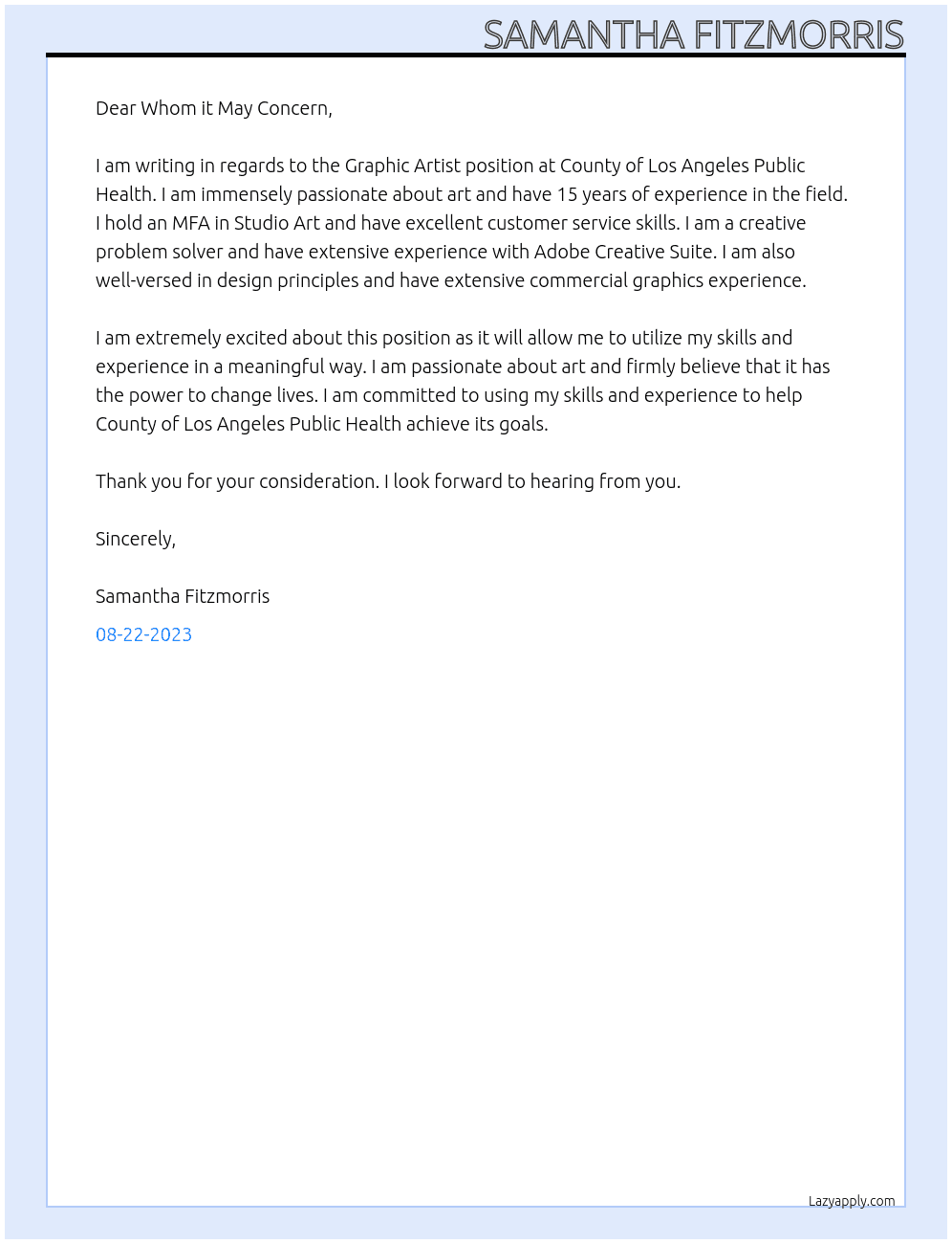 Graphic Artist At County of Los Angeles Public Health Cover Letter
