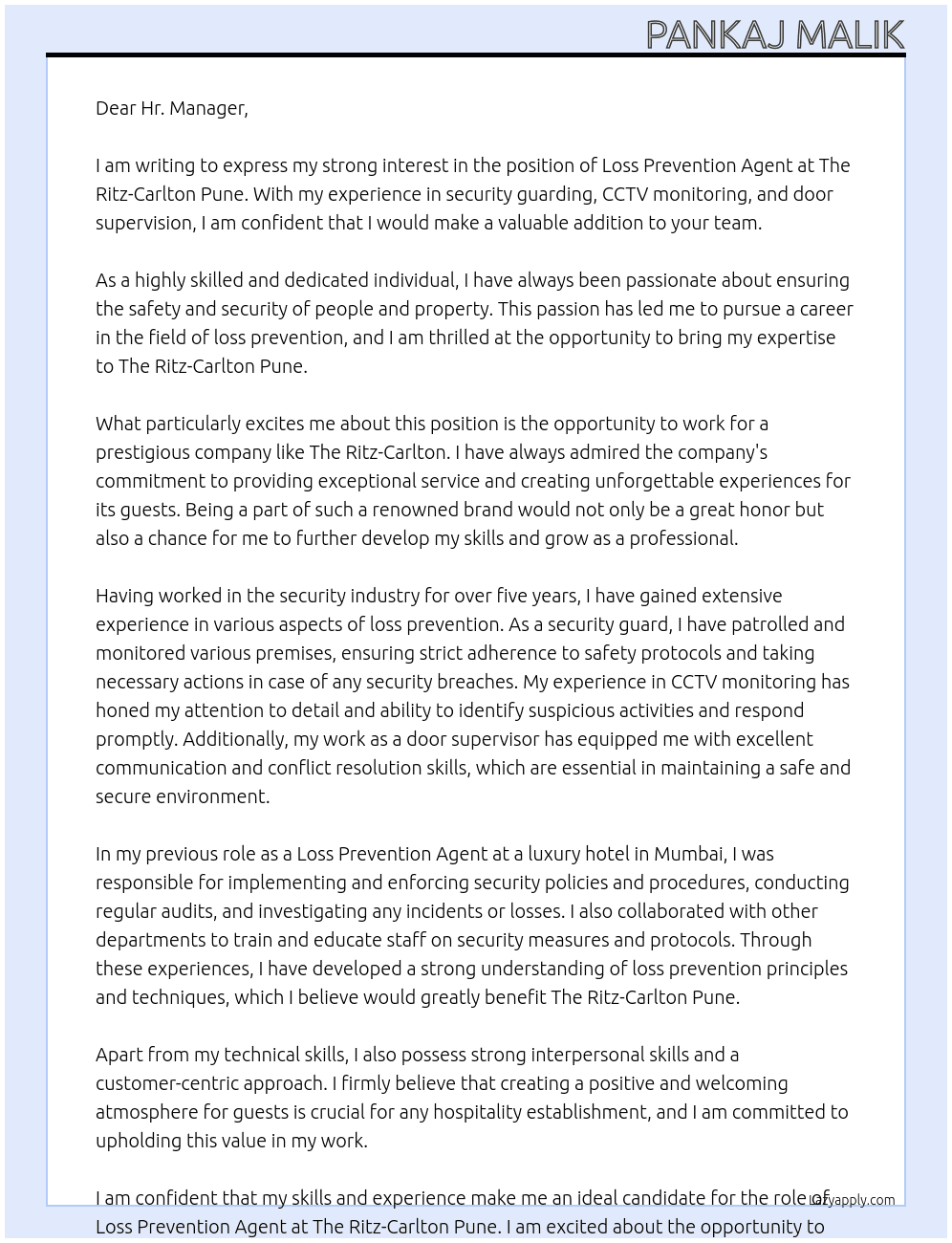Loss Prevention Agent At The Ritz-Carlton Pune Cover Letter