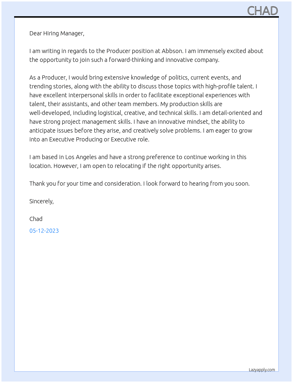 Producer At Abbson Cover Letter
