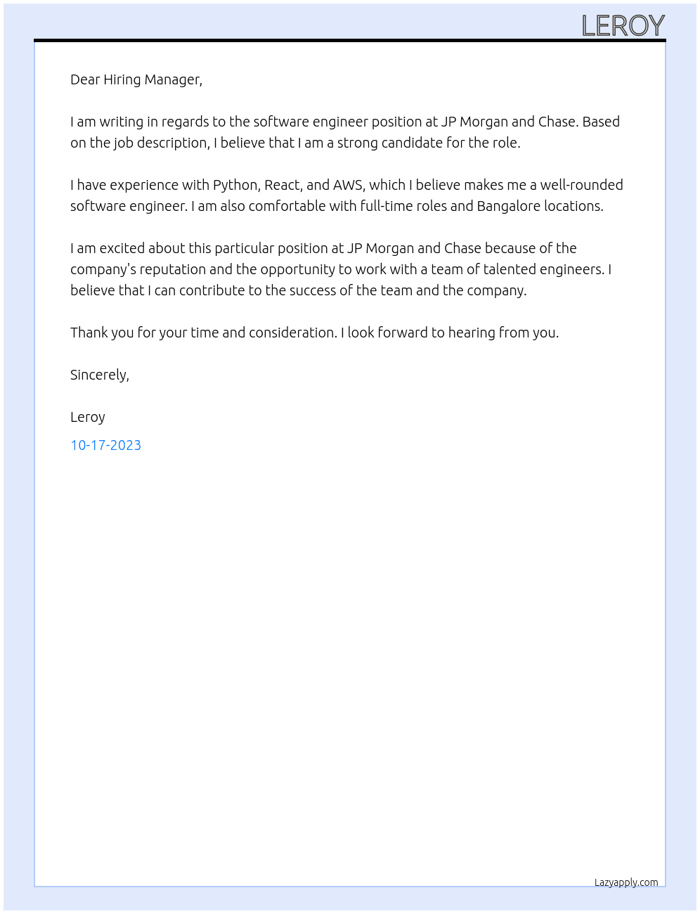 Software Engineer At JP Morgan and Chase Cover Letter