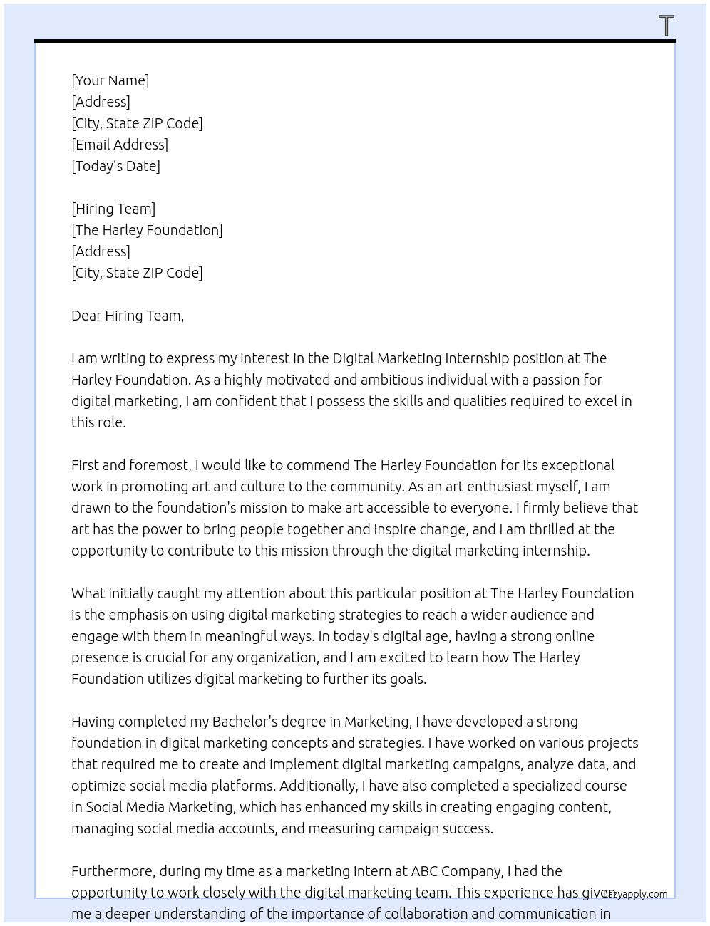 Digital Marketing Internship At The Harley Foundation Cover Letter