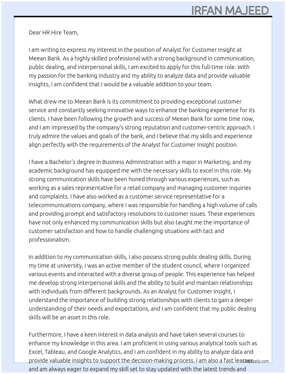 Analyst customer insight At Meean bank Cover Letter