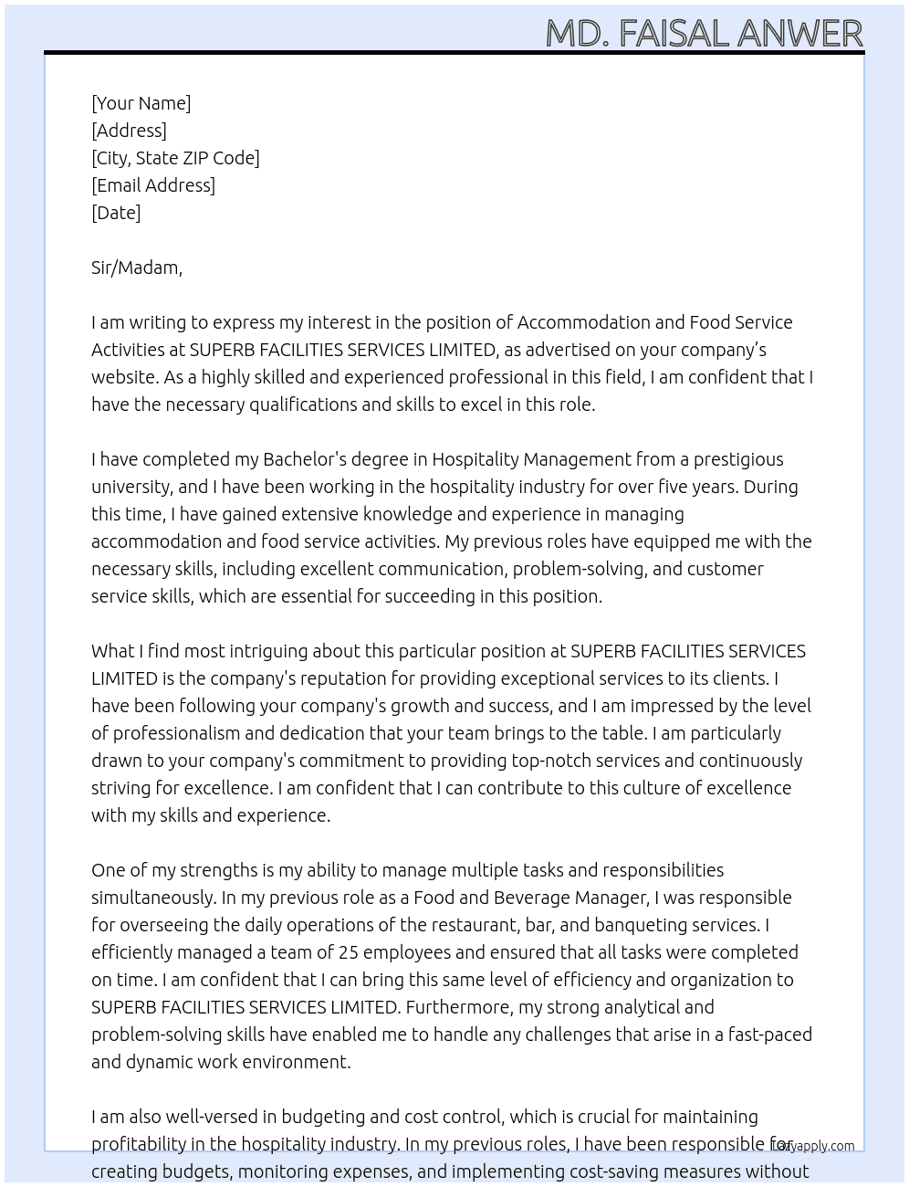 accommodation and food service activities At SUPERB FACILITIES SERVICES LIMITED Cover Letter