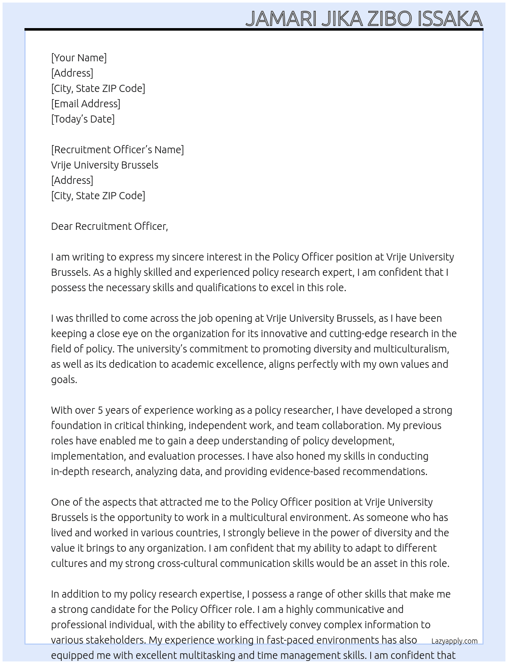 Policy Officer At Vrije University Brussels Cover Letter