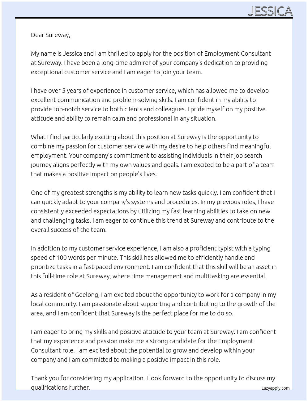 Employment Consultant At Sureway Cover Letter