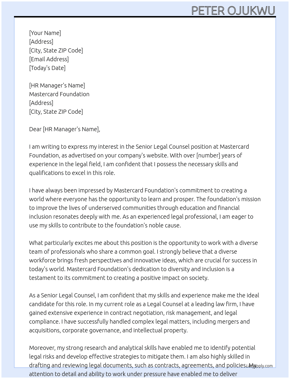 Senior Legal Counsel At Mastercard Foundation Cover Letter