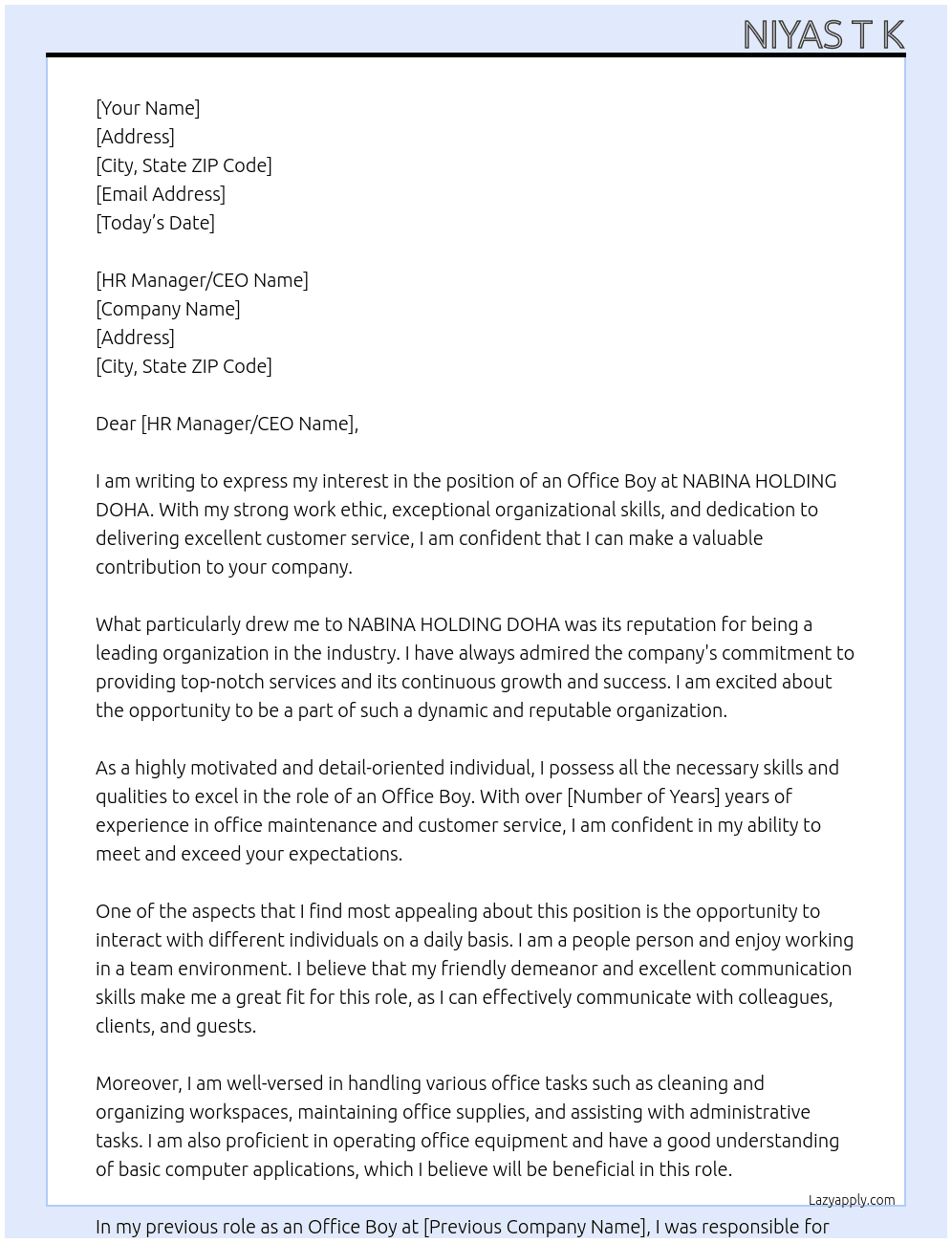 OFFICE BOY At NABINA HOLDING DOHA Cover Letter