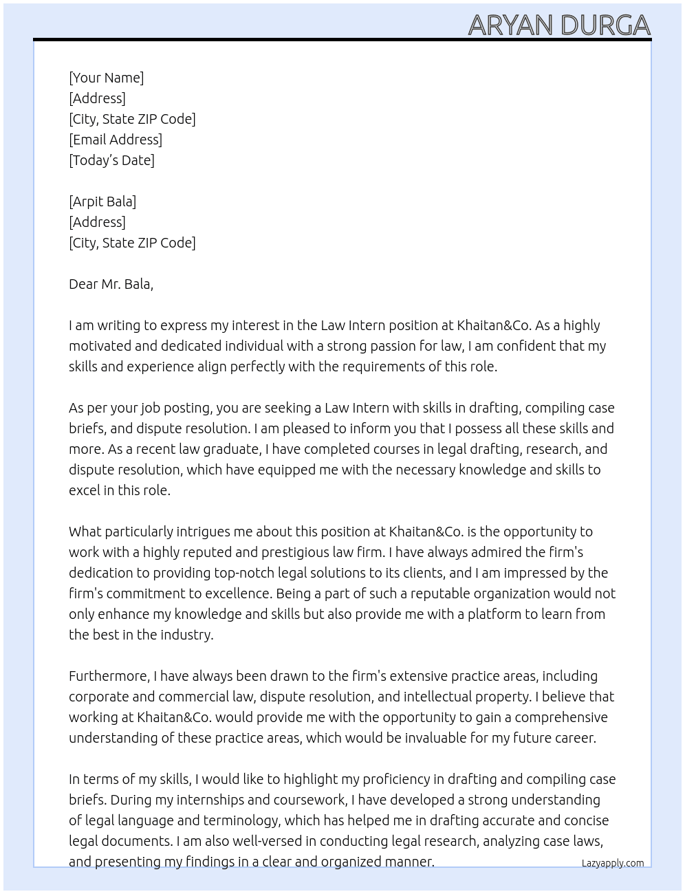 Law Intern At Khaitan&Co. Cover Letter