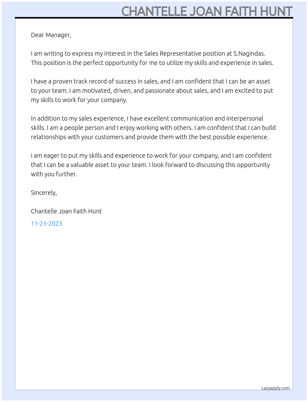 Sales representatives  At S.Nagindas Cover Letter