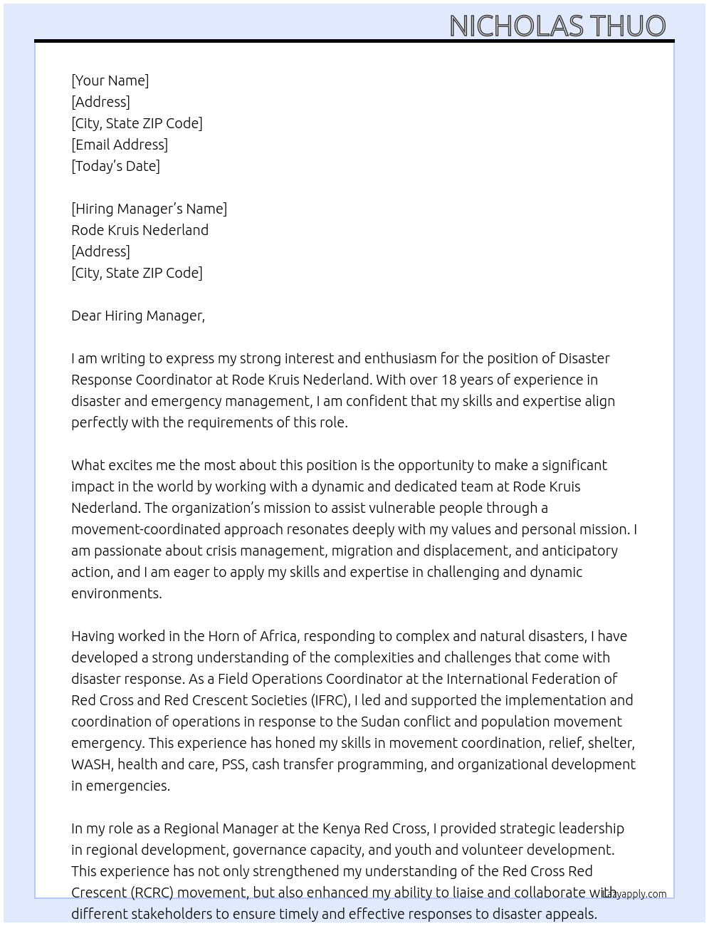 Disaster Response Coordinator At Rode Kruis Nederland Cover Letter