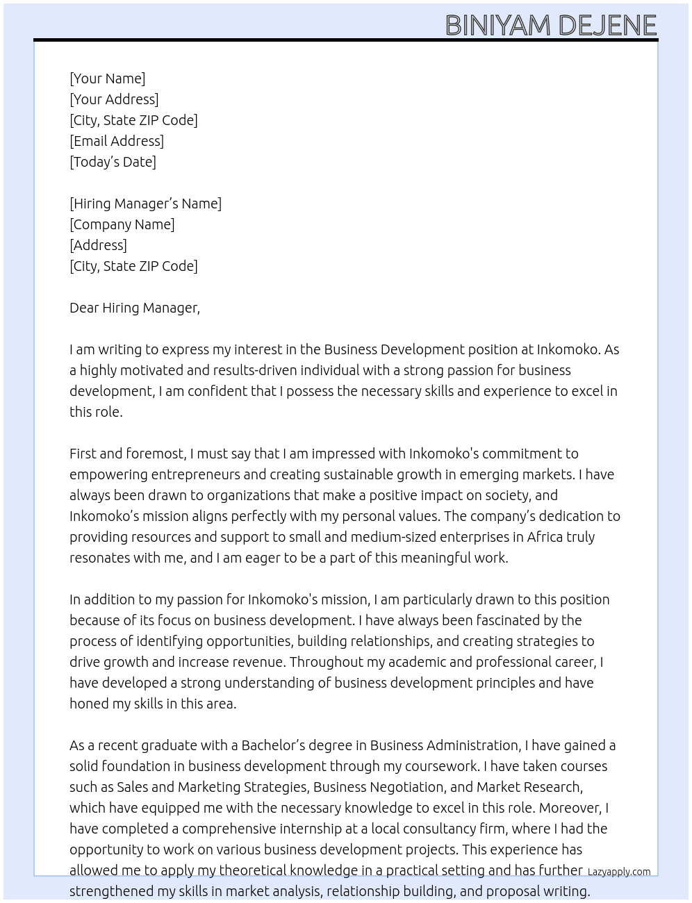 business development At inkomoko Cover Letter
