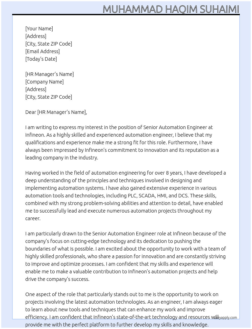 Senior Automation Engineer At Infineon Cover Letter