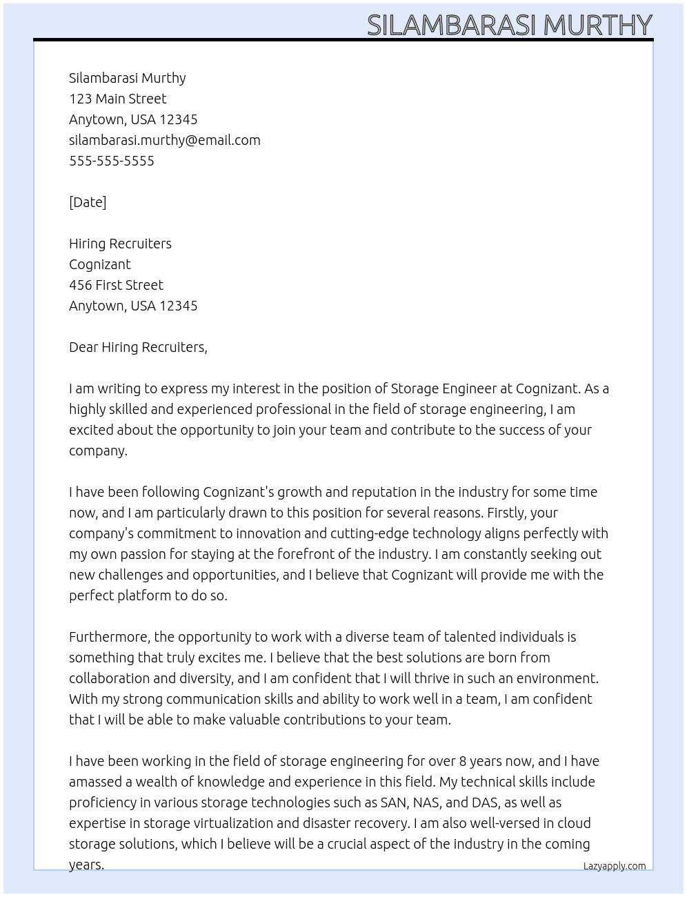 Cover letter for storage engineer - LazyApply