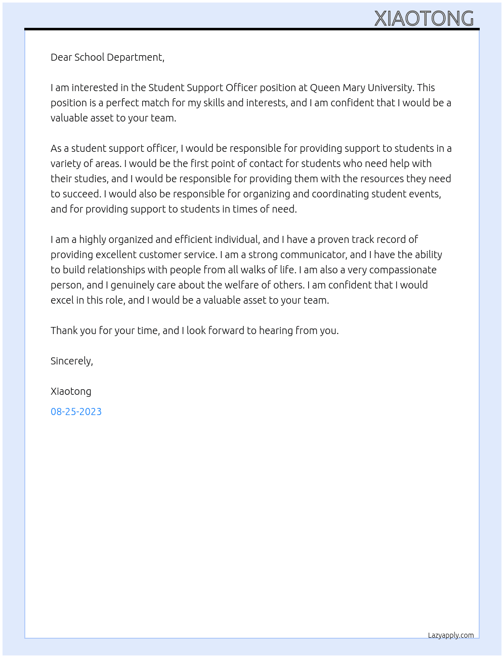 Student Support Officer At Queen Mary University Cover Letter
