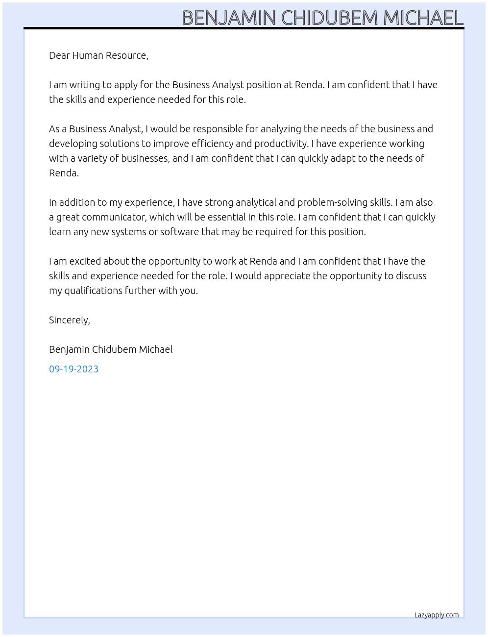 Business Analyst At Renda Cover Letter