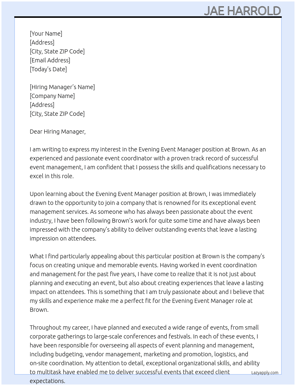 Evening Event Manager At Brown Cover Letter