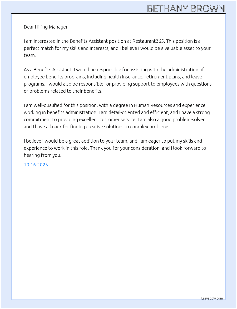 Benefits Assistant At Restaurant365 Cover Letter