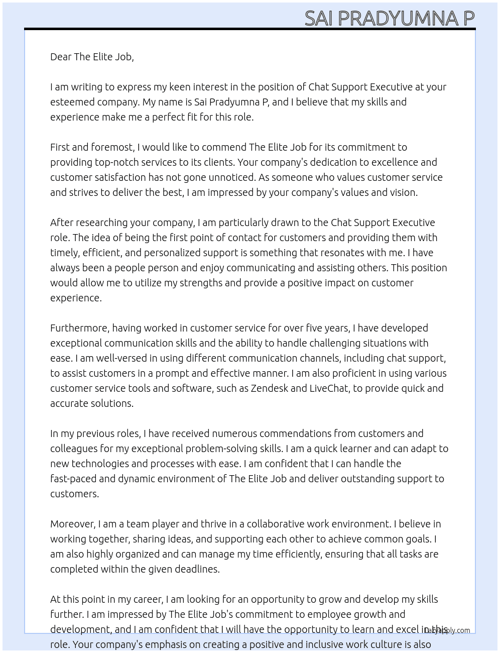 chat support executive At The Elite Job Cover Letter