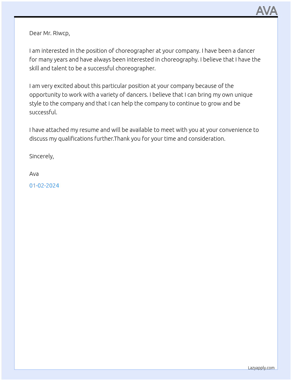 choregrapher At Riwcp Cover Letter